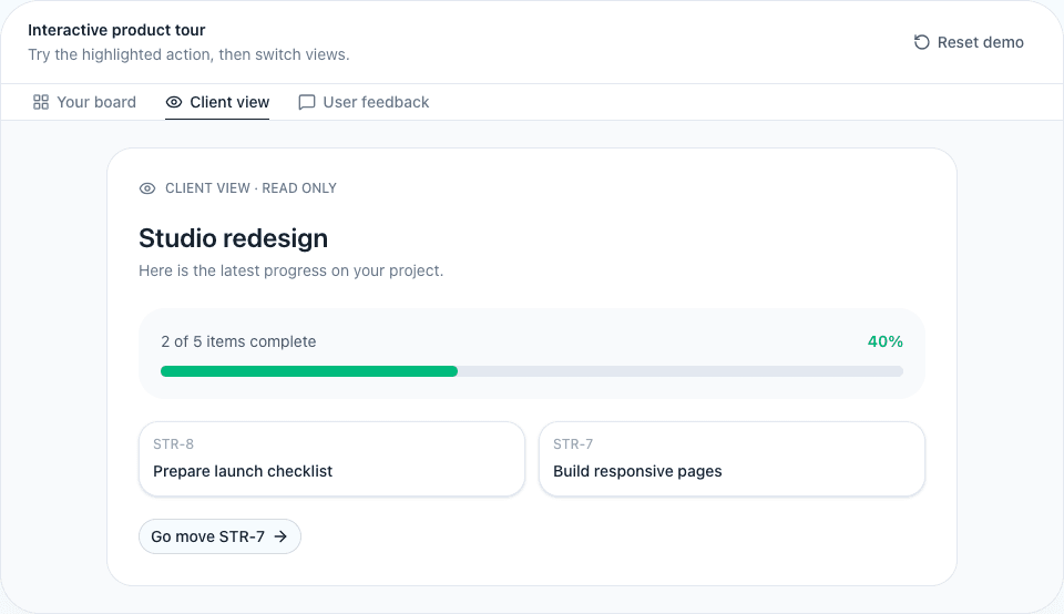 Fictional Studio redesign demo showing the client progress view with its progress summary.