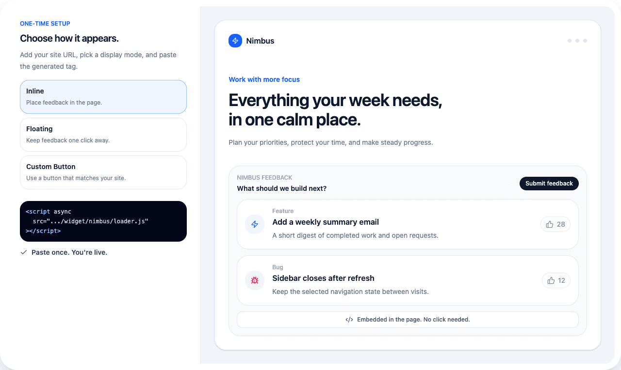 Fictional website showing KanbanTrack’s inline feedback board and widget display mode selector.